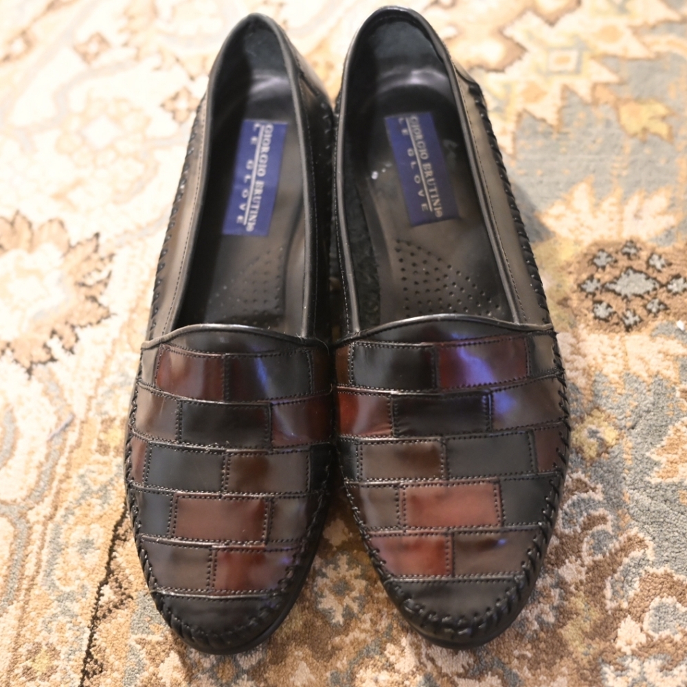 Black Brown Patchwork Leather Loafers 7.5 (Fits Woman 9) Preppy Office Academia